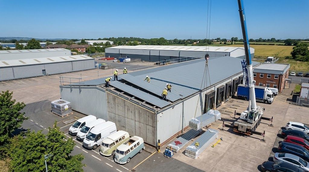 Dachdecker verlegen Sandwichpaneele auf einer Industriehalle, daneben ein Mobilkran