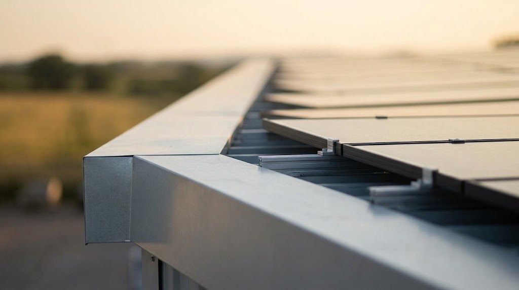 Detail einer sauber verarbeiteten Dachkante mit Solarmodulen im Abendlicht