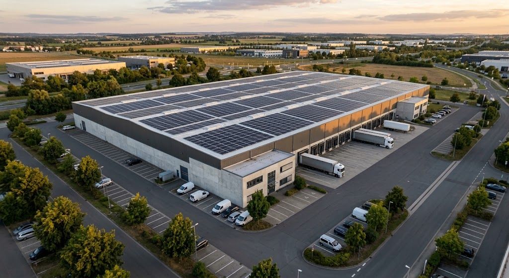 Luftaufnahme einer Industriehalle mit Solaranlage auf dem sanierten Dach