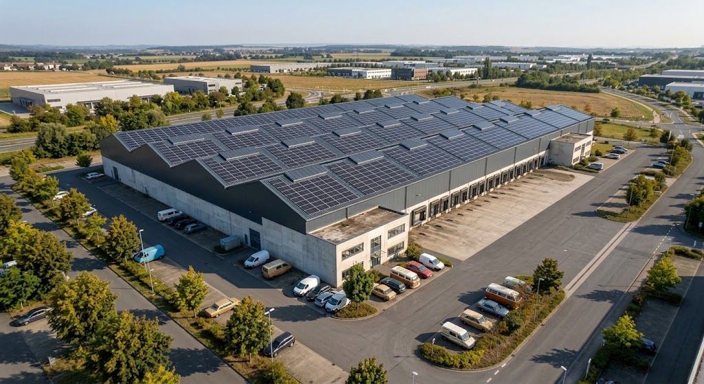 Nachher: dieselbe Halle mit neuem Dach und Solaranlage