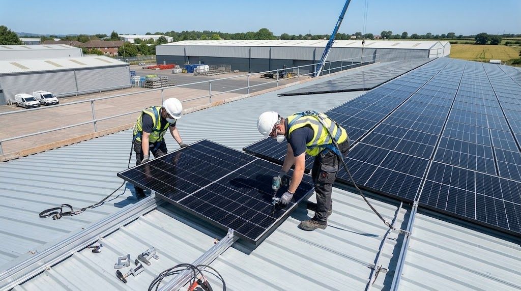 Monteure befestigen Solarmodule auf einem Industriedach