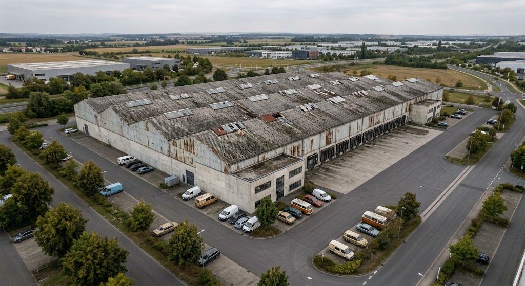 Vorher: Industriehalle mit verwittertem Asbestzement-Dach